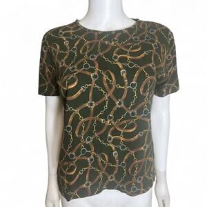Vintage Jones New York Equestrian Print Tee Shirt Horse Bit Bridle Chain Sz L